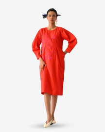 Mono Crimson Midi Gathered Appliqué Dress