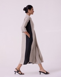 Kaku Beige Linen Panelled Midi Dress