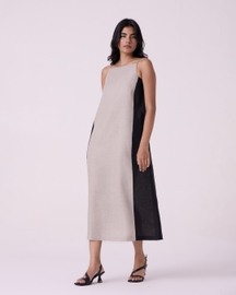Kei Beige Linen Panelled Midi Dress