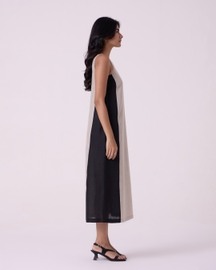 Kei Beige Linen Panelled Midi Dress