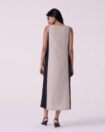 Kei Beige Linen Panelled Midi Dress