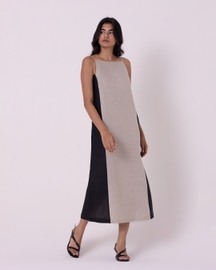 Kei Beige Linen Panelled Midi Dress