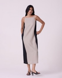 Kei Beige Linen Panelled Midi Dress