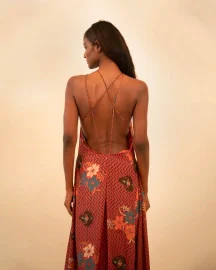 Rust Halter Neck Backless Silk Dress