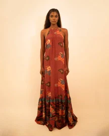 Rust Halter Neck Backless Silk Dress