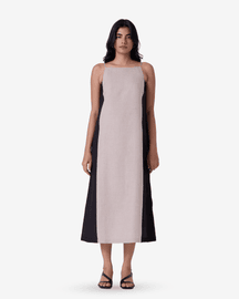 Kei Beige Linen Panelled Midi Dress