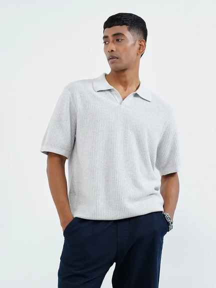7 Alt | Light Grey Textured Johnny Collar Polo T-Shirt