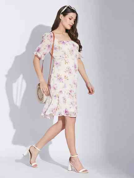 Latin Quarters | Latin Quarters Women Lilac Half Sleeve Printed A-Line Dress