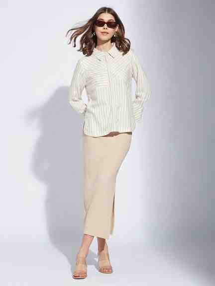 Latin Quarters | Latin Quarters Women Beige Full Sleeve Yarn Dyed Shirt Blouse