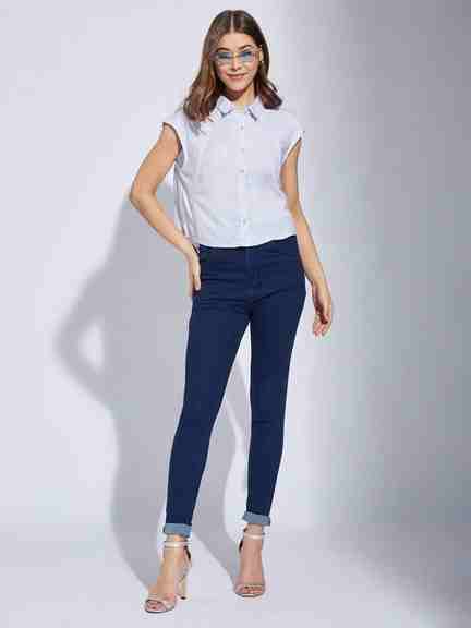 Latin Quarters | Latin Quarters Women Blue Cap Sleeve Yarn Dyed Blouse Top