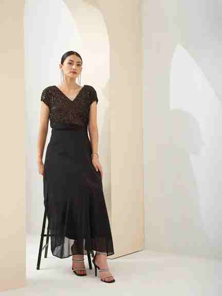 Latin Quarters | Latin Quarters Women Black V- Neck Short Sleeves A-Line Sequined Party Dress