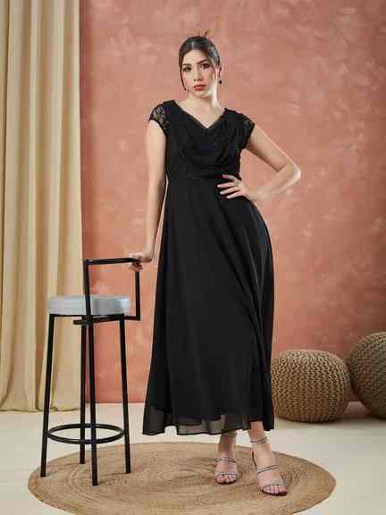 Latin Quarters | Latin Quarters Women's Black Cap Sleeves Sequin V-Neck Evening Dress