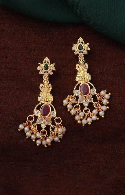 Estele | Estele Gold Plated CZ Lakshmi Devi Designer Earrings with Pearls for Women