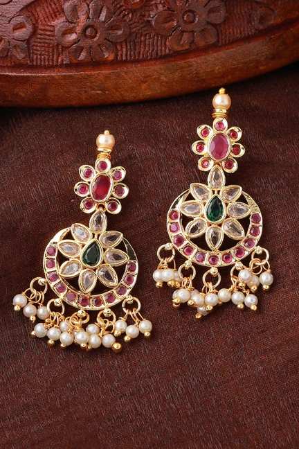 Estele | Estele Gold Plated American Diamond Fascinating Dangle Earrings with Pearls & Multicolor Stones for Women