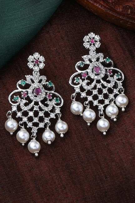 Estele | Estele Rhodium Plated CZ MajesticDangler Earrings with Pearl & Multi Color Crystals for Women
