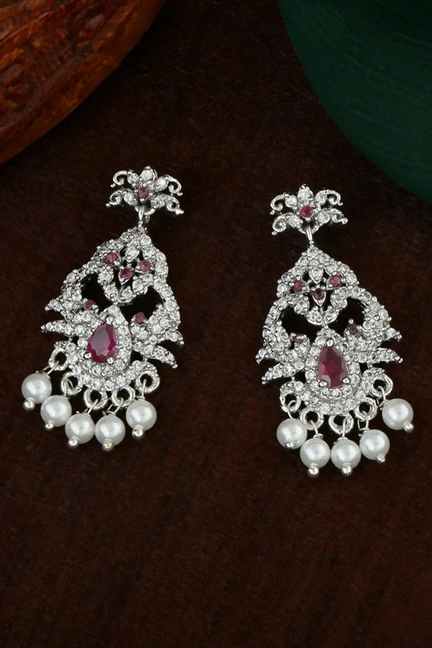 Estele | Estele Rhodium Plated American Diamond Mayuri Designer Dangle Bridal Earrings with Pearls, Pink & White Stones for Women