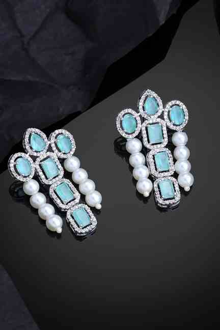 Estele | Estele Rhodium Plated CZ Astonishing Drop Earrings with Mint Green Stones & Pearls for Women