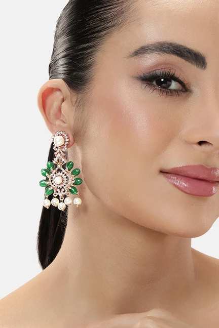 Estele | Estele Rosegold Plated Luxurious Green Beads Adorned Dangler Earrings for Women|Vintage-Inspired Jewelry for a Classic Touch