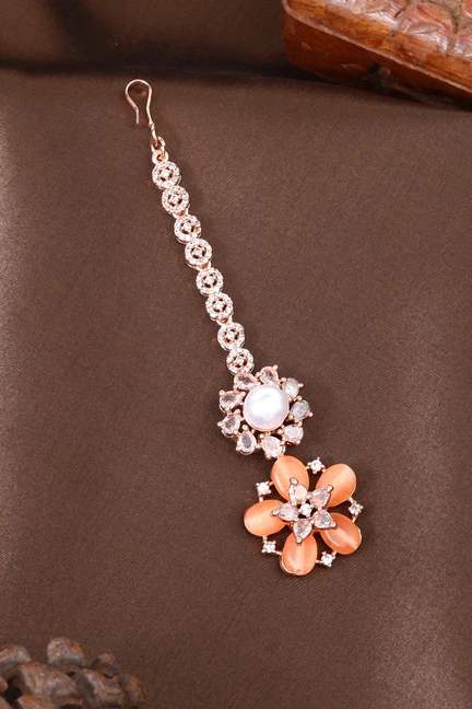 Estele | Estele Rosegold Plated Elegant Floral Pattern Maang Tikka with Mint Orange|Perfect for Bridal and Traditional Attire