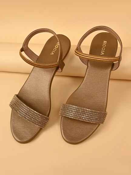 Rocia | Rocia By Regal Antique Gold Women Diamond Embellished Block Heel Sandals