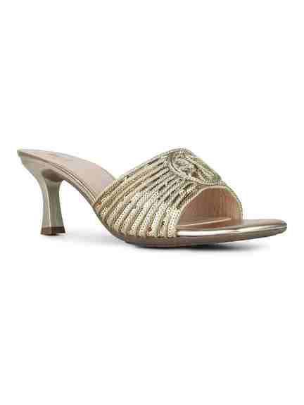 Inc.5 | Womens Golden Party Wear Embellished Round Toe Kitten Heel Sandals