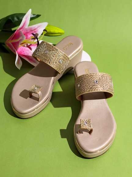 Inc.5 | Womens Golden Ethnic Solid Round Toe Wedge Heel Sandals