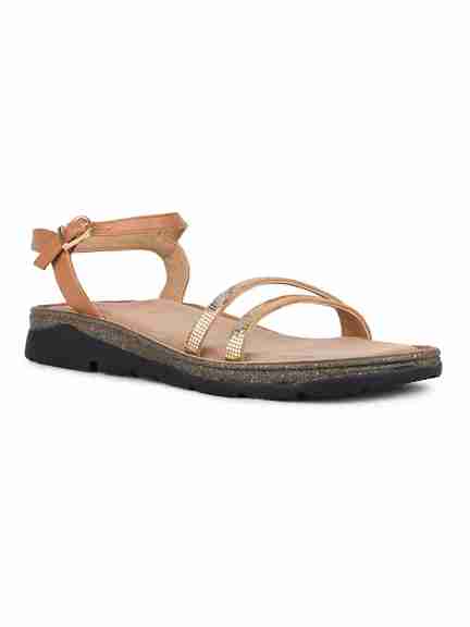 Inc.5 | Womens Tan Party Wear Striped Open Toe Flat Sandals