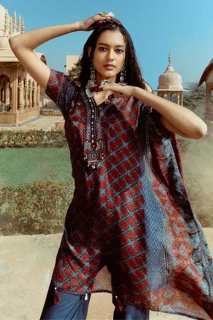 SABHYATA | Blue printed Kaftan 3 Pcs Set
