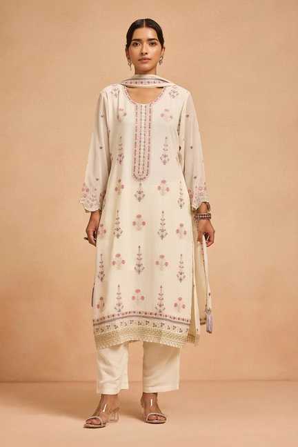 SABHYATA | Cream Embroidered Kurta 3 Pcs Set