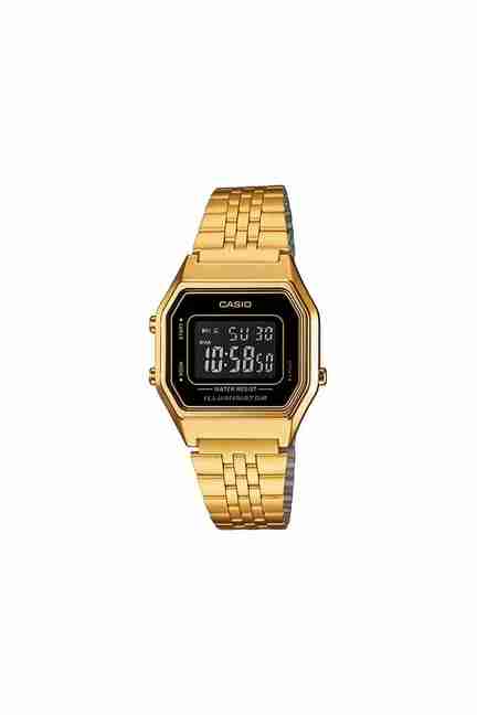 CASIO | Vintage LA680WGA-1BDF Women's 30mm Digital Quartz Watch - Black Dial with Gold Stainless Steel Strap (D205)