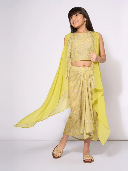 Olive Embroidered Top Printed Dhoti Skirt & Sheer Cape Set