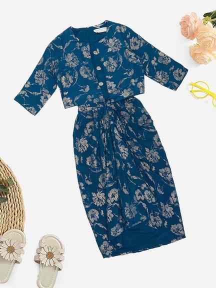 Teal Embroidered Top Foil Print Dhoti Skirt & Cropped Jacket Set