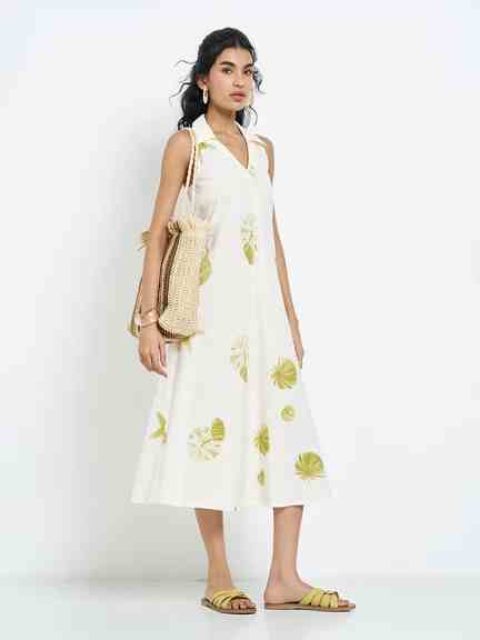 AKKRITI | Off-White Shell Print Sleeveless A-Line Collared Midi Dress
