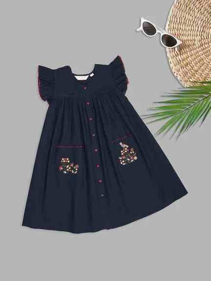 AKKRITI | Indigo Floral Embroidered Pocket Detail Dress