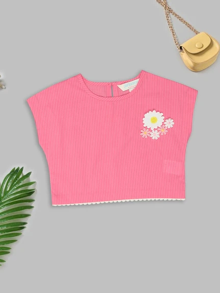 Pink Striped Crop Top with Floral Appliqué Detail