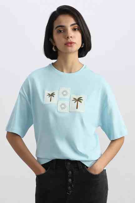 Allen Solly | Women Light Blue Embroidered Casual T-shirt
