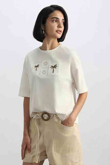 Allen Solly | Women White Embroidered Casual T-shirt