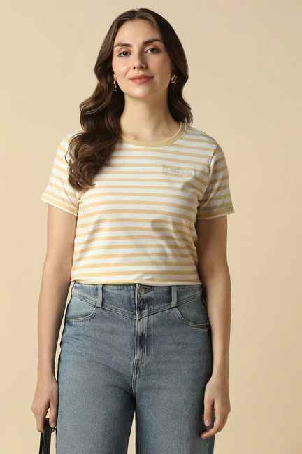 Allen Solly | Women Yellow Stripe Casual T-shirt