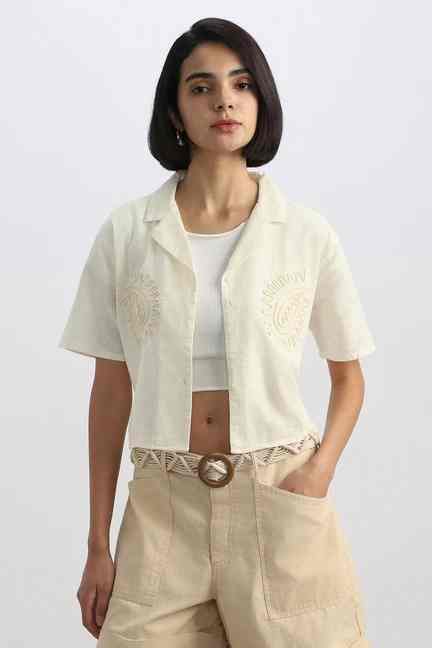 Allen Solly | Women Cream Embroidered Short Sleeves Shirt
