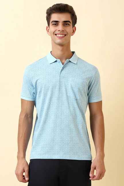 Men Light Blue Print Polo Neck T-shirt