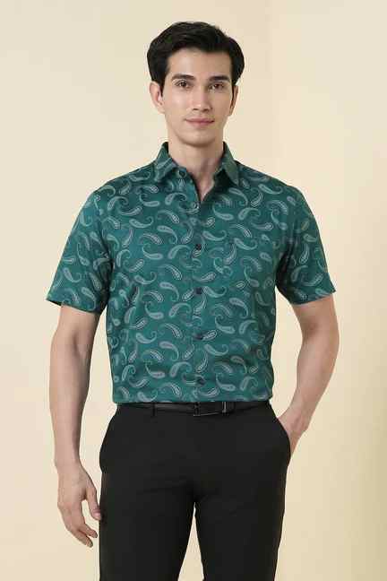 Allen Solly | Men Green Print Half Sleeves Formal Shirt