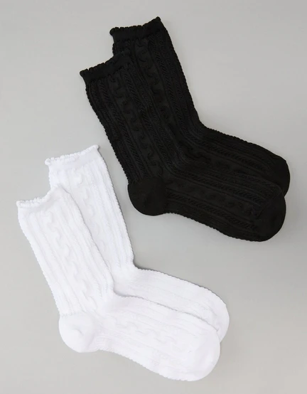 American Eagle Women Multi-colored Scalloped-Cuff Crew Socks 2-Pack