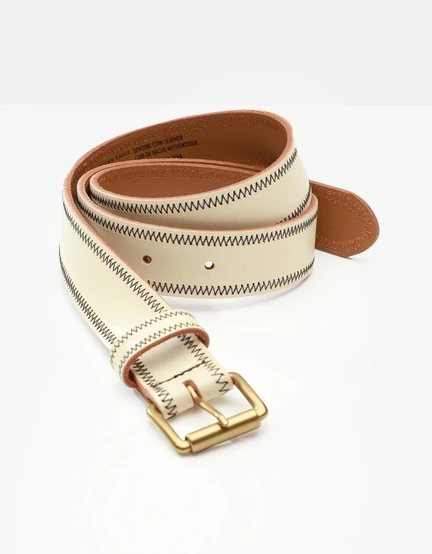 American Eagle Women White Contrast Stitch Leather Belt