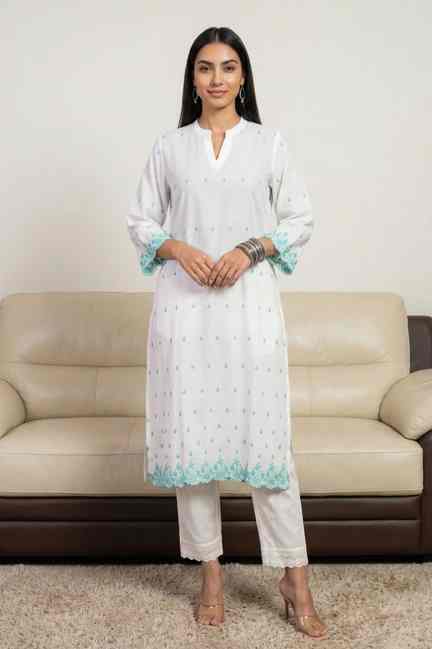 Aurelia | Aurelia Women's White Embroidered Pure Cotton Straight Kurta