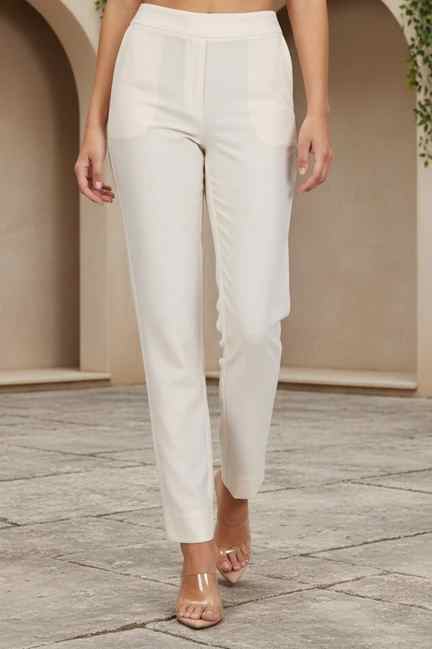 Aurelia | Aurelia Women's Cream Yarn Dyed Solid Straight Fit Ankle Length Trousers