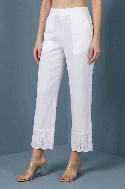 Aurelia | Aurelia Women's White Pure Cotton Straight Fit Palazzo with Schiffli Hemline