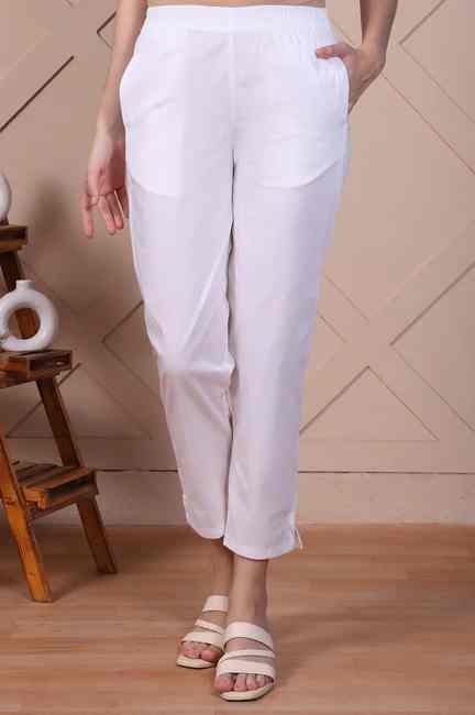 Aurelia | Aurelia Women's White Solid Cotton Blend Trousers