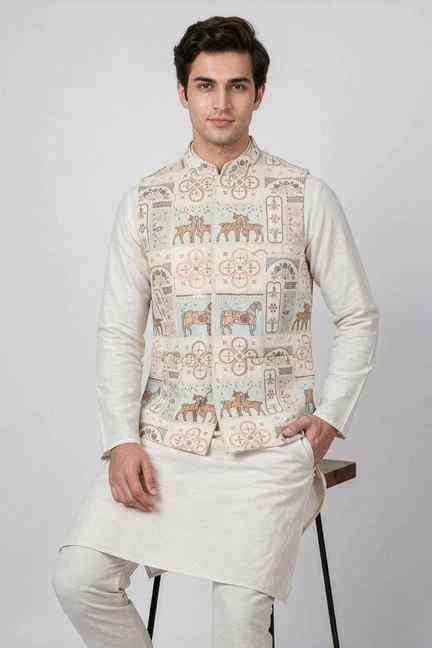 Bandeya | Embroidered Mandarin Collar Regular Fit Men's Festive Wear Waistcoat