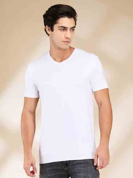 Being Human Men White Solid V Neck T-Shirt