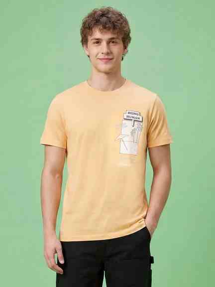 Being Human | Peach Moderno Fit Men's Round Neck Short Sleeves Graphic Print T-Shirt by Being Human Clothing
